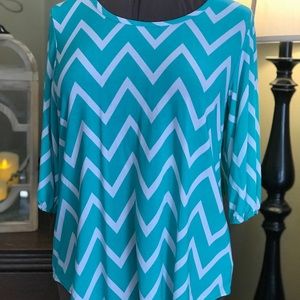 Teal green & white chevron print top